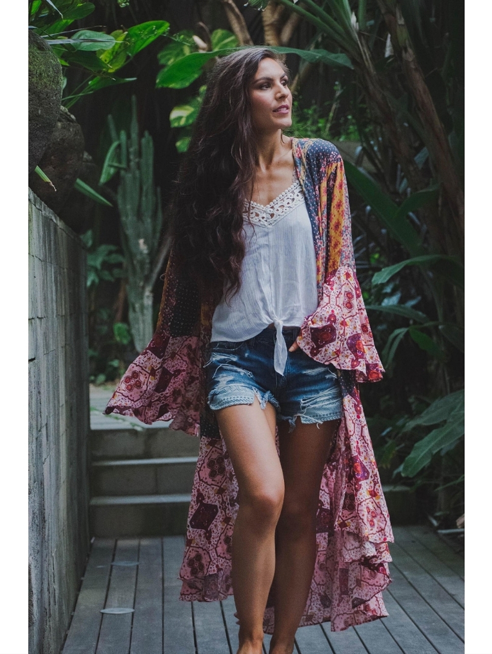 Umgee Sparrow Patchwork Ruffled Boho Open Kimono Dopamine Duster Indie Garden